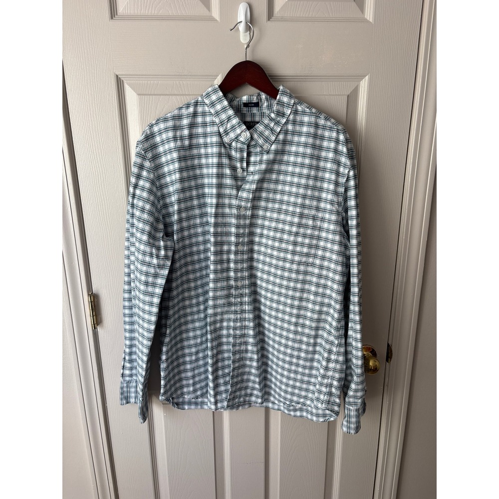 J.Crew Flex Oxford Shirt Mens XXL White Green Plaid Slim Fit Button Down Top